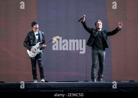 The Edge and Bono from U2 perform Joshua Tree live on stage at Twickenham Stadium, Twickenham, London. Stock Photo