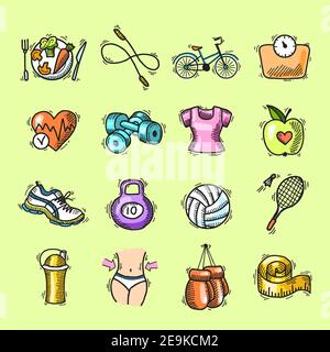 Fitness bodybuilding diet trainer exercise colored sketch decorative icons set isolated vector illustration Stock Vector