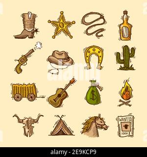 Wild west cowboy colored sketch icons set with boots badge lasso isolated vector illustration Stock Vector