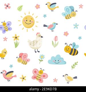 Easter spring pattern with cute birds, bees, butterflies. Hand drawn flat cartoon elements. Vector illustration Stock Vector