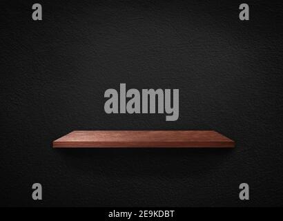 Light wood shelves on black wall texture in loft Style  background with clipping path. Design for wallpaper Stock Photo