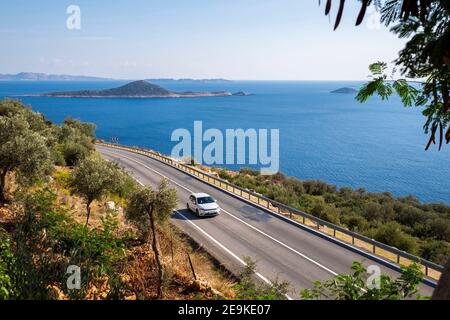 Car driving along the Mediterranean coast in southern Turkey. Stock Photo