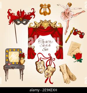 Theatre acting performance colored sketch decorative icons set with ballerina curtain gloves isolated vector illustration Stock Vector