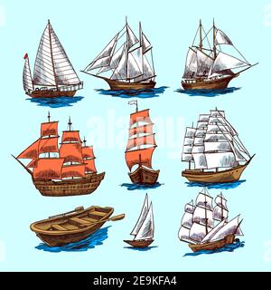 Sailing tall ships yachts and boat colored sketch decorative elements isolated vector illustration Stock Vector