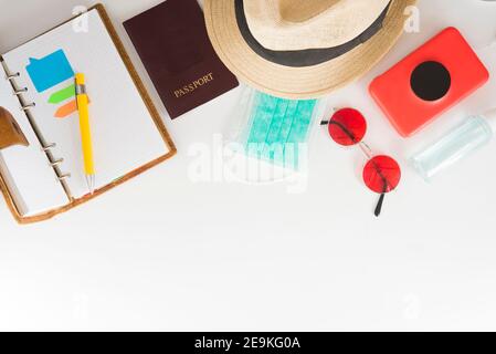 plan trip with covid (mask and disinfectant) Stock Photo