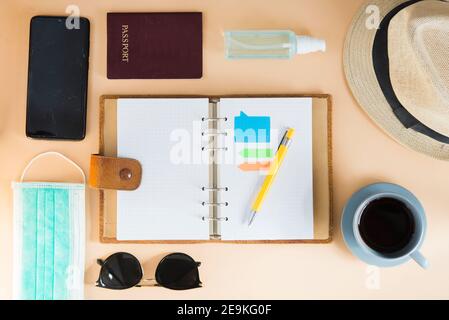 plan trip with covid (mask and disinfectant) Stock Photo