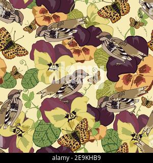 Vintage flowers seamless pattern with pansy petunia viola butterflies and sparrow birds vector illustration Stock Vector