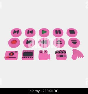 3D set of media icons .3D rendering isolated on grey background. Buttons of play, pause, rec, camera, video, wi-fi, movie, player Stock Photo
