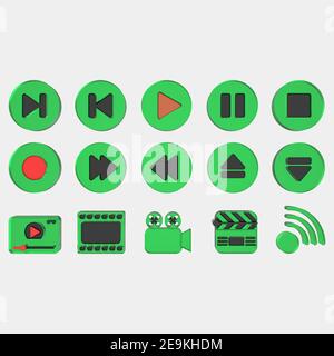 3D set of media icons .3D rendering isolated on grey background. Buttons of play, pause, rec, camera, video, wi-fi, movie player Stock Photo