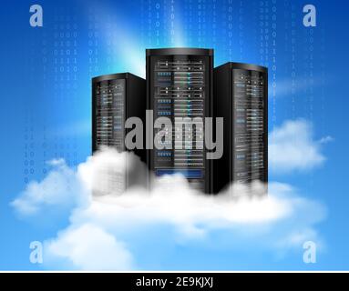 Network data server with realistic cloud and binary code background poster vector illustration Stock Vector