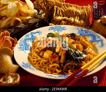 Chinese chicken and mushroom with noodles and chopsticks in blue and white Chinese dragon dish on red textured background Stock Photo