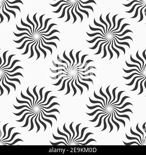 Abstract sun symbol seamless pattern.Texture with circular geometric rays, flame, burst, isolated on white background. Vector monochrome background. Stock Vector