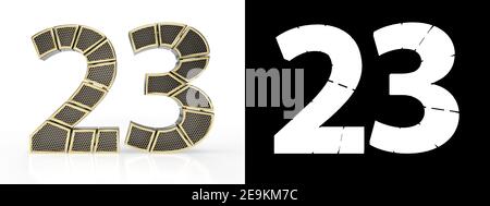 Gold number twenty-three (number 23) cut into perforated gold segments with alpha channel and shadow on white background. Front view. 3D illustration Stock Photo