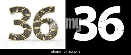 Gold number thirty-six (number 36) cut into perforated gold segments with alpha channel and shadow on white background. Front view. 3D illustration Stock Photo