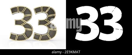 Gold number thirty-three (number 33) cut into perforated gold segments with alpha channel and shadow on white background. Front view. 3D illustration Stock Photo