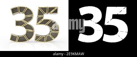 Gold number thirty-five (number 35) cut into perforated gold segments with alpha channel and shadow on white background. Front view. 3D illustration Stock Photo