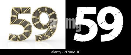 Gold number fifty-nine (number 59) cut into perforated gold segments with alpha channel and shadow on white background. Front view. 3D illustration Stock Photo