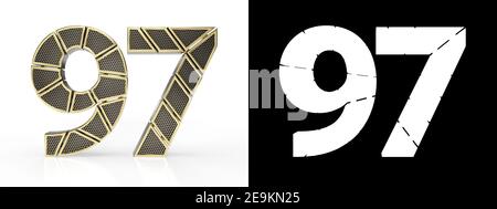 Gold number ninety-seven (number 97) cut into perforated gold segments with alpha channel and shadow on white background. Front view. 3D illustration Stock Photo