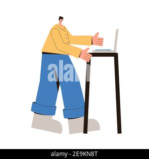 Adult man with laptop. Male character wearing in casual clothes standing and working with his computer isolated on a white background. Causcian person Stock Vector
