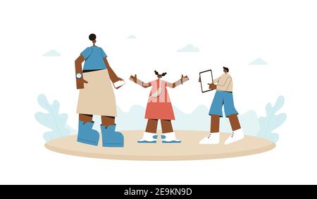 Single parenthood. Family spending time together. Mother standing with two children. Female person wearing in casual clothes with her kids. Son show t Stock Vector