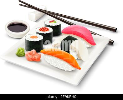 Sushi asian fish food realistic set with plate chopsticks and spices isolated on white background vector illustration Stock Vector