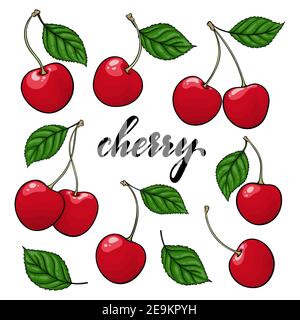 set of Beautiful cartoon red cherries with black contour, symbol of summer. design for holiday greeting card and invitation of seasonal summer holiday Stock Vector