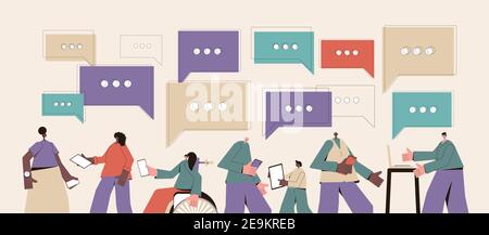 Online communication concept. Didital information technology. People with phones, tablets, laptop. Female and male persons wearing in casual clothes w Stock Vector