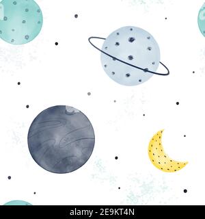 Cute watercolor space seamless pattern with planets, moon and stars isolated on white background. Hand drawn Scandinavian style. Stock Vector