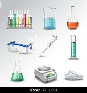 Laboratory glass equipment realistic decorative icons set with flasks beakers and pipette isolated vector illustration Stock Vector