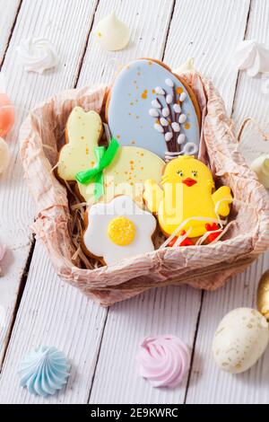 the delicious Easter gingerbread cookies on the wooden table Stock Photo