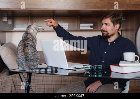 Young bearded businessman sits in home office at table and uses laptop, next sits gray cat. On table is smartphone, paper, books , cup of coffee. Work Stock Photo