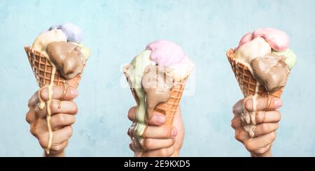 Three melting ice cream cones Stock Photo