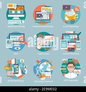 Seo internet marketing flat icon set with display contextual advertising e-mail marketing concepts isolated vector illustration Stock Vector