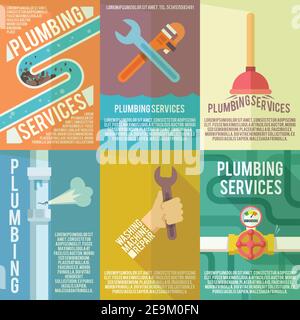 Plumber service flat labels composition poster of leakage fixing and washing machines repair abstract isolated vector illustration Stock Vector