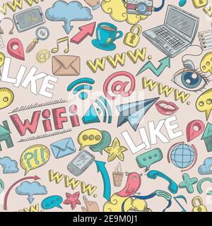 Social media seamless pattern with sketch communication signs vector illustration Stock Vector