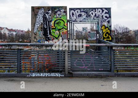 Graffiti on Schwedter Steg Pedestrian footbridge that connects  Behnstrasse & Mauerpark, Berlin, Germany Stock Photo