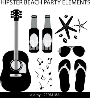 Set of hipster beach party vector elements with acoustic guitar beer bottles, pair of flip flops, group of starfish and shells, sun glasses and music Stock Vector