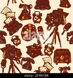 Retro devices sketch seamless pattern with alarm clock photo camera microphone vector illustration Stock Vector