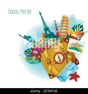 World landmarks travel background with travel tickets suitcase and flower vector illustration Stock Vector
