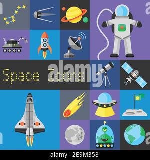 Space decorative icons flat set with planets ufo and astronaut isolated vector illustration Stock Vector