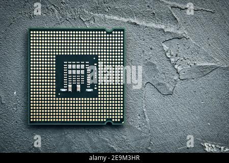 Close-up of CPU Chip Computer Processor. Top view. Gloomy dramatic toned Stock Photo
