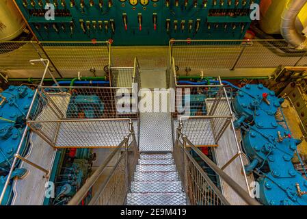 VIANA DO CASTELO, PORTUGAL, MAY 24, 2019: Machinery room of Gil Eannes ship moored at Viana do Castelo in Portugal Stock Photo