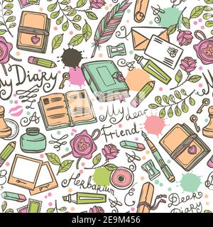 Diary hand drawn seamless pattern with herbarium love letter and scrapbooking art vector illustration Stock Vector