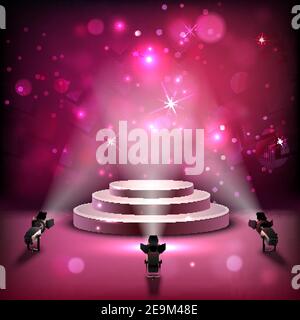 Performance scene studio interior in shiny spotlights realistic magenta background vector illustration Stock Vector