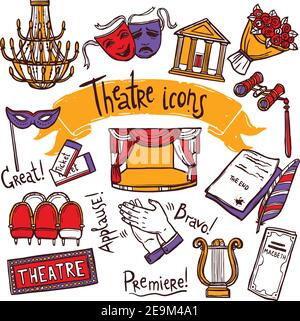 Theater performance decorative icons sketch set with mask applause flowers isolated vector illustration Stock Vector