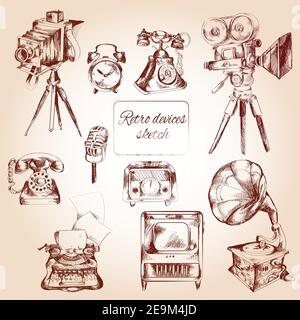 Retro devices decorative icons sketch set with film camera telephone typing machine isolated vector illustration Stock Vector