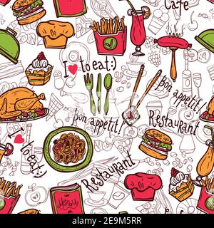 Cafe bar fast food hamburger chips symbols seamless restaurant wrap paper pattern doodle sketch abstract vector illustration Stock Vector