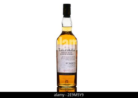 Bottle of Talisker 57° North Whisky on a white background