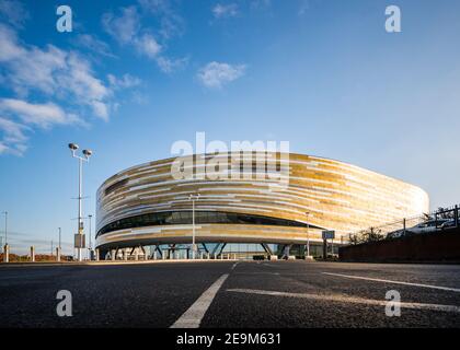 Derby Arena, England 20th January 2021 - Modern sports cycling velodrome stadium open as Covid 19 pandemic vaccine centre for Derbyshire residents Stock Photo