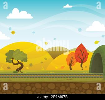 Autumn railway 2d game landscape with roadway and hills on background flat vector illustration Stock Vector